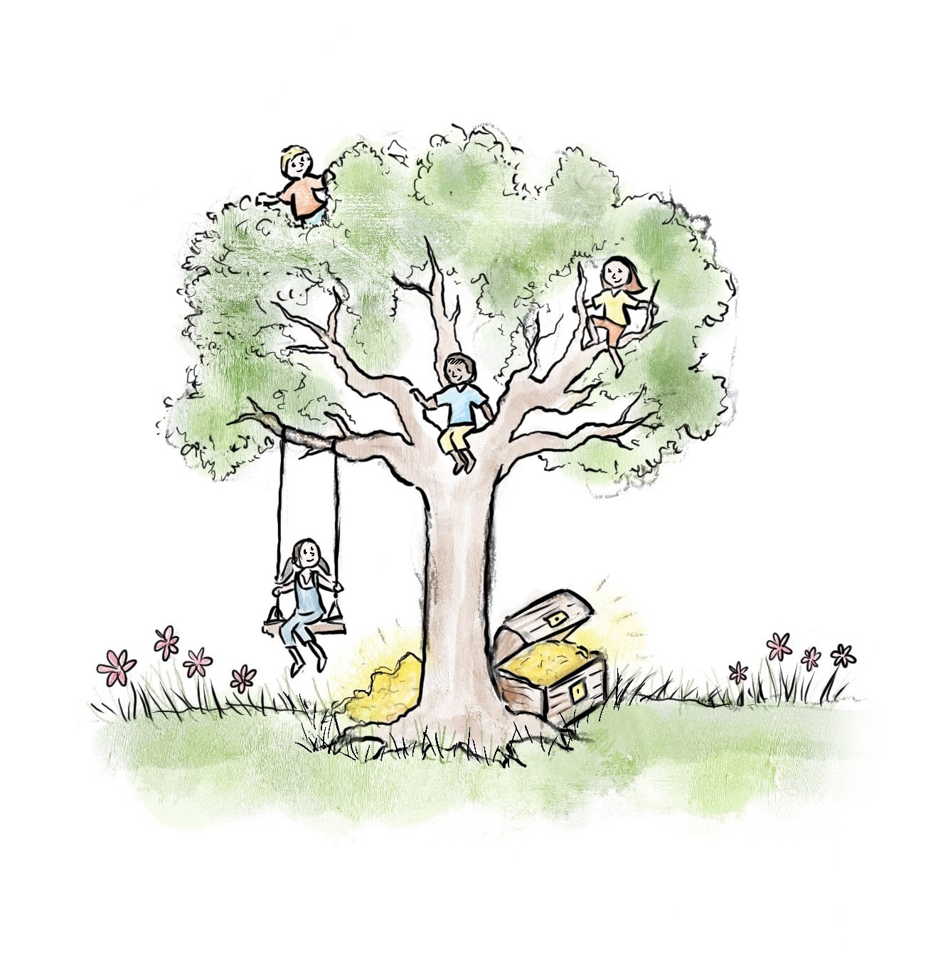 A drawing of children swinging in a tree.